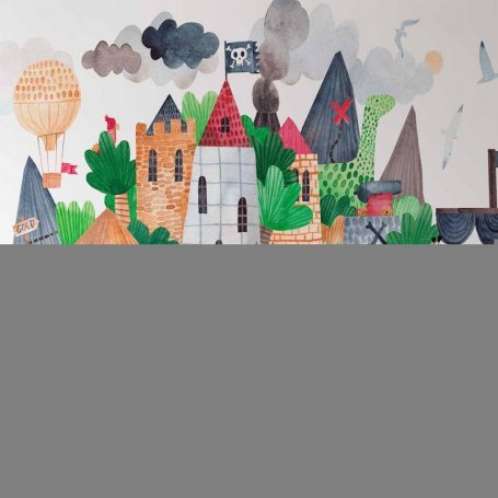 Fototapetti - A colourful treasure island with a castle - a pirate ship at sea for children