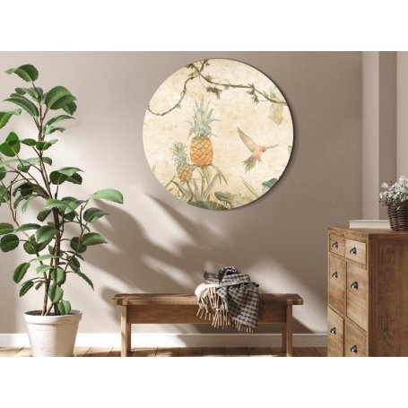 Pyöreä taulu - Tropics in muted colors - Parrots and pineapples amidst lush exotic flora in soft shades of green