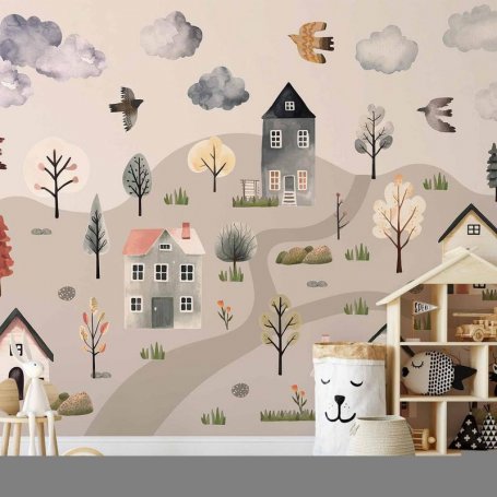 Fototapetti - Scandinavian Valley - Village in Pastel Colours Painted in Watercolours