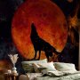 Fototapetti - Wild nature - wolf on a background of a red moon in flames of fire