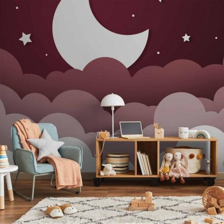 Fototapetti - Moon dream - clouds in a maroon sky with stars for children