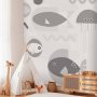 Fototapetti - Minimalist grey ocean - geometric fish in water for children