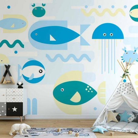 Fototapetti - Animals in the sea - geometric blue fish in water for kids