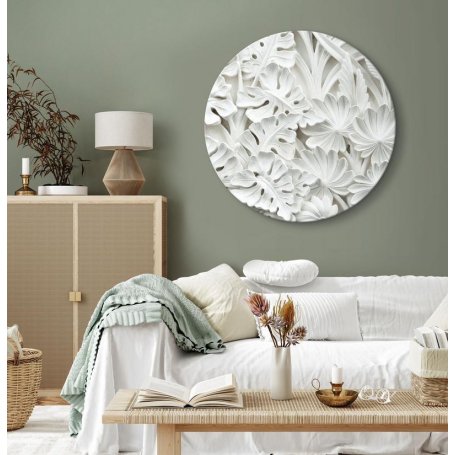 Pyöreä taulu - Carved Nature - Pattern With White Leaves Made of Stone