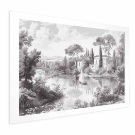 Juliste - Black-and-White Vintage Landscape with a Pond